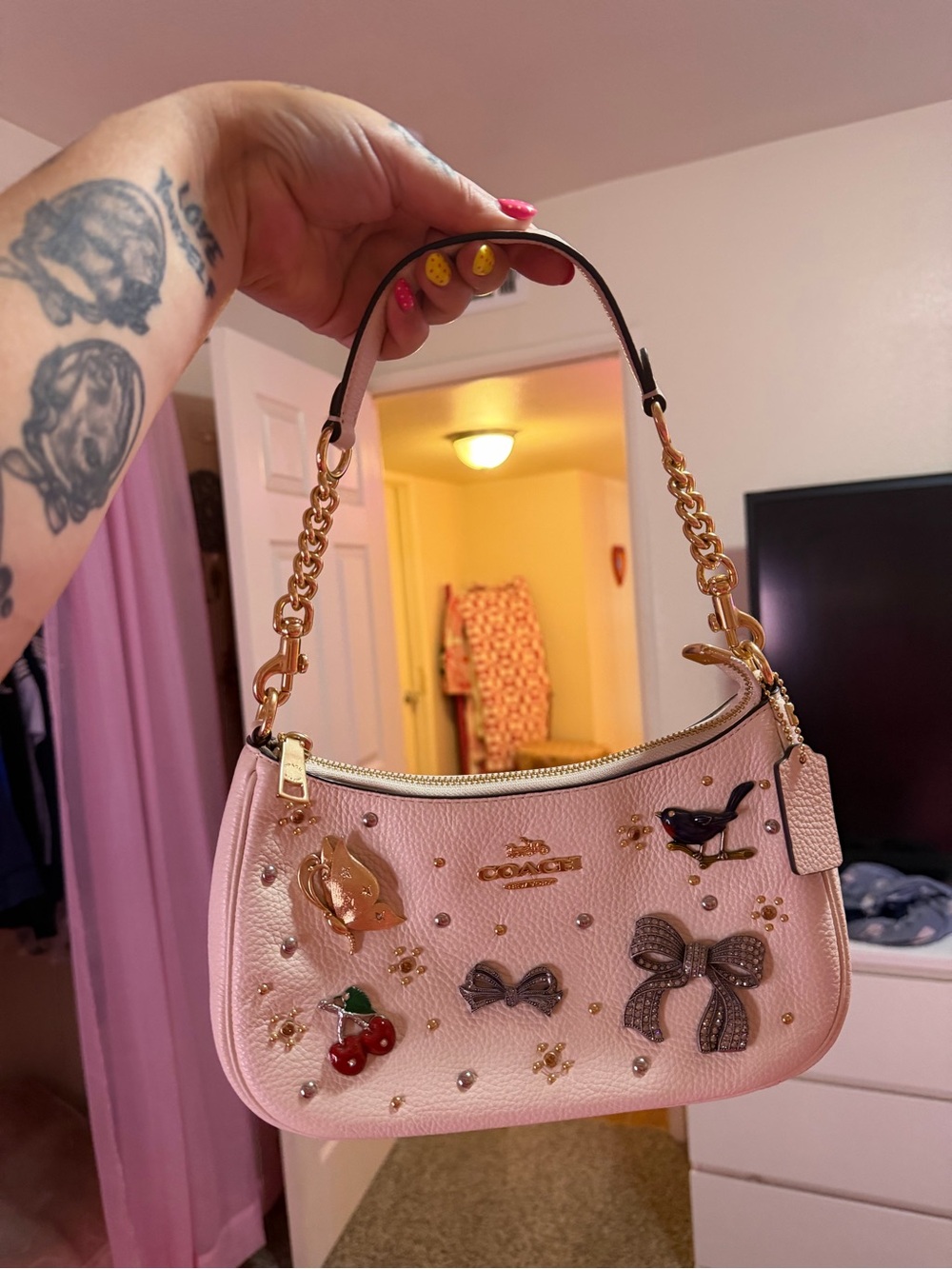 Coach Light Pink Embellished Leather Shoulder Bag